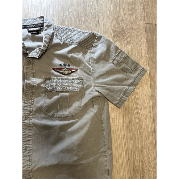 Mens Harley Davidson Gray Embroidered Patched Military Top Gun Button Shirt L - Picture 8 of 12